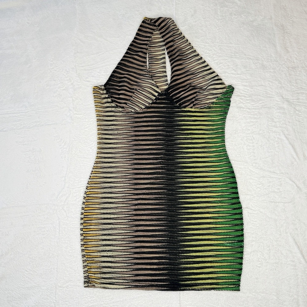Y2K‎ Mesh Halter Tunic Top Ruched Sheer Club Kid Rave Neon Stripe XS Festival